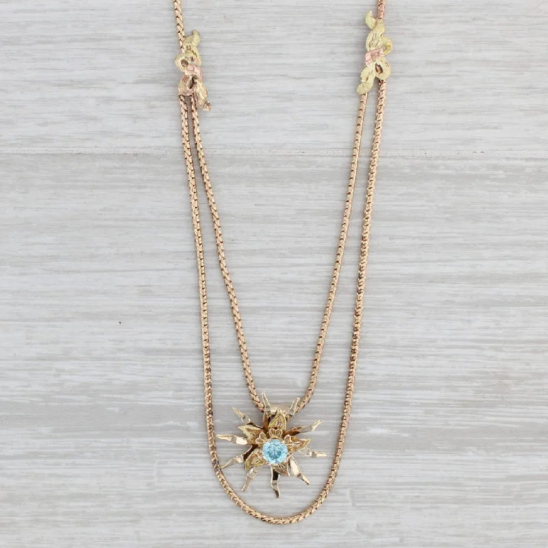 women's fashion-forward necklaces-Vintage 0.80ct Blue Zircon Flower Pendant Necklace 10k Gold 20.5" Box Chain