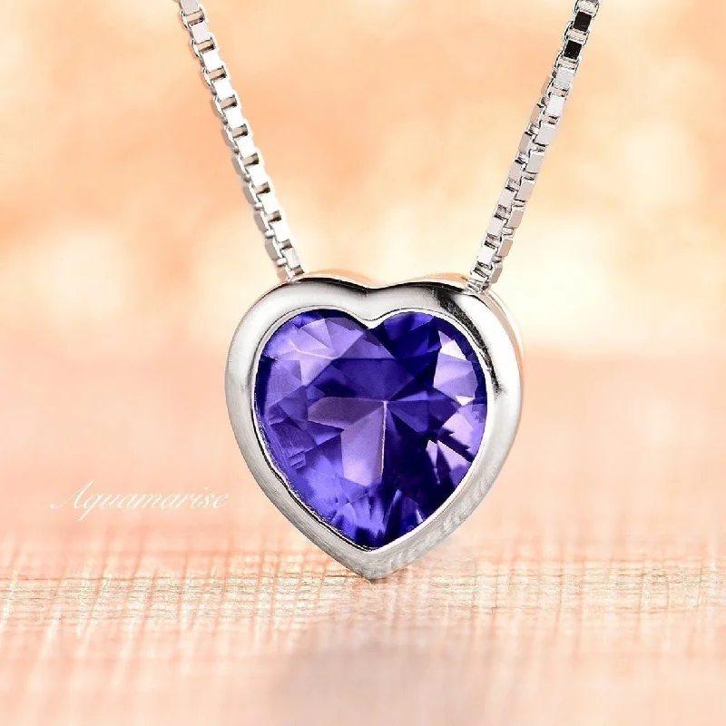 women's statement necklaces-Heart Tanzanite Necklace- Sterling Silver