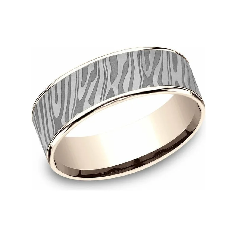 women's solitaire engagement rings-Benchmark 7.5mm 14K Rose Gold & Tamascus Tiger Stripe Wedding Band