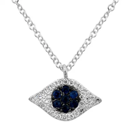 women's celestial necklaces-14K White Gold Diamond + Sapphire Evil Eye Necklace