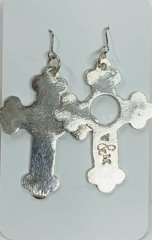 women's crystal earrings-Silver Holey Cross earrings