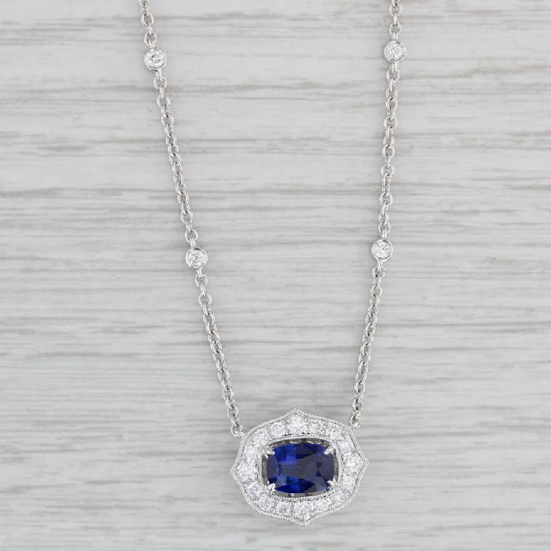 women's key necklaces-New 1.71ctw Blue Sapphire Diamond Halo Pendant Necklace 18k White Gold 18"