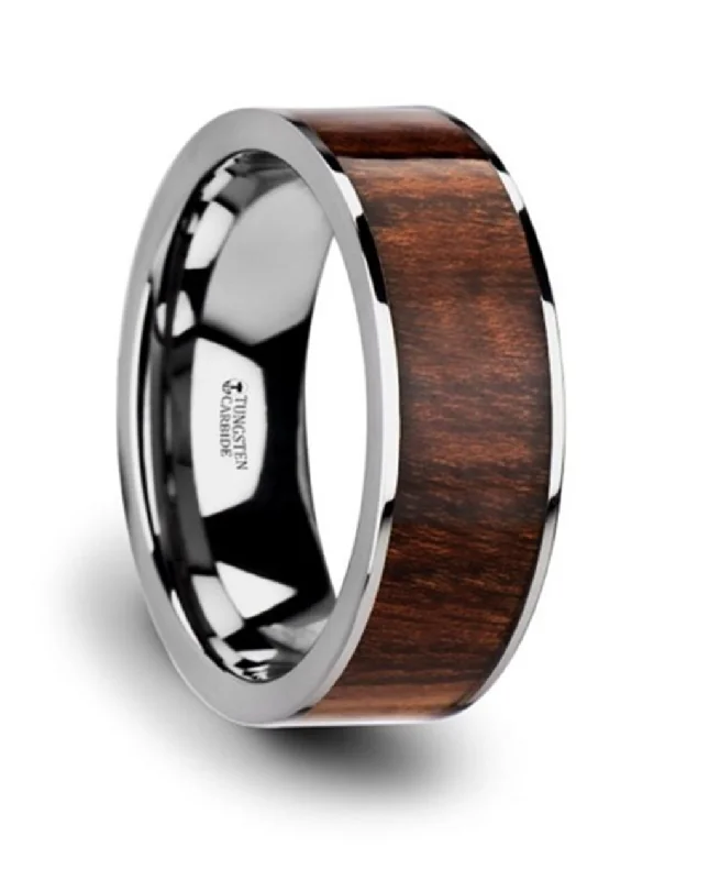 women's platinum engagement rings-Tungsten Carbide ‘Thraco’ 8mm Flat Carpathian Wood Inlaid Wedding Band