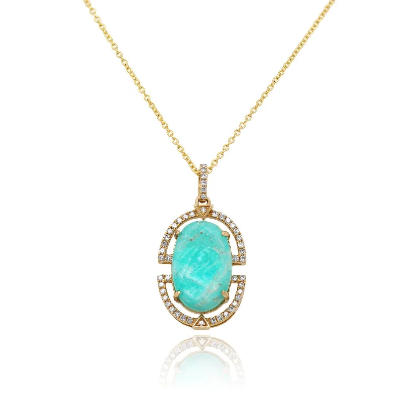 women's timeless necklaces-MODERN STYLE YELLOW GOLD AMAZONITE AND DIAMOND NECKLACE PENDANT, .13 CT TW