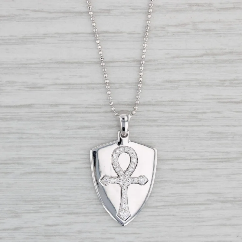 women's tribal necklaces-New 0.25ctw Diamond Ankh Shield Pendant Necklace 14k White Gold Bead Chain