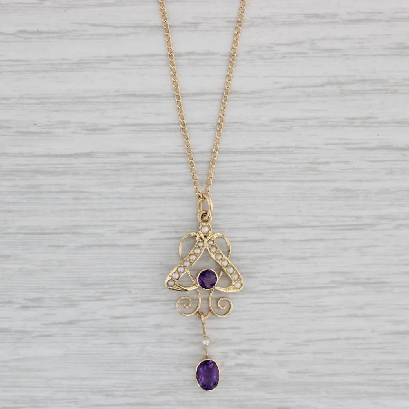 women's cubic zirconia necklaces-Vintage Church & Co Amethyst Pearl Lavalier Pendant Necklace 14k Gold 17"