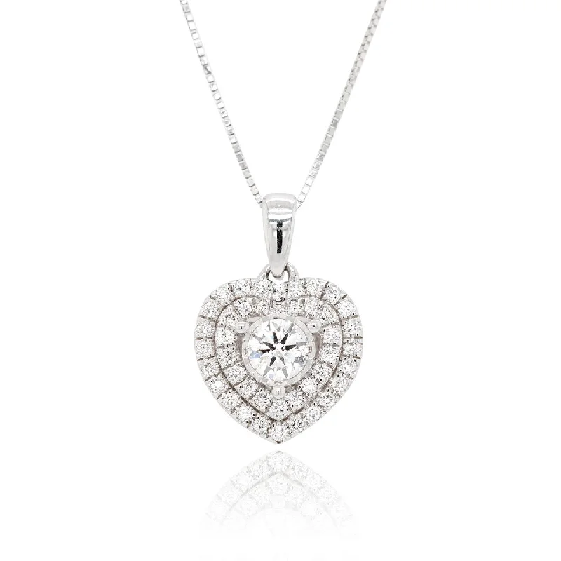 women's dainty necklaces-WHITE GOLD NECKLACE WITH HEART SHAPED DIAMOND HALO PENDANT, .50 CT TW