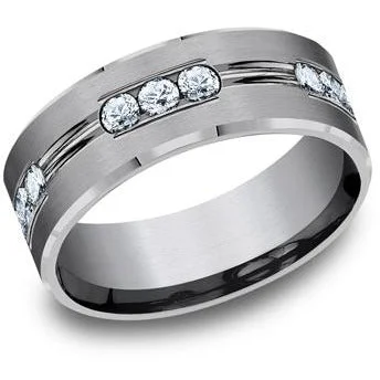 women's cubic zirconia engagement rings-Benchmark Tantalum 8mm Diamond Beveled Edge Wedding Band