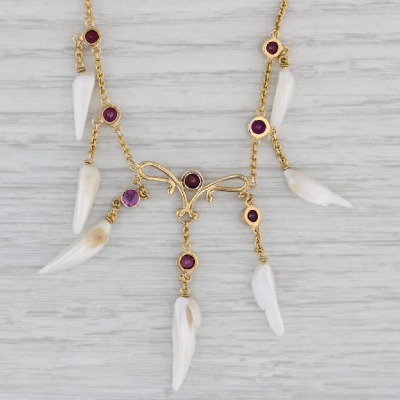 women's nature-inspired necklaces-Cultured Pearl Fringe Garnet Station Lavalier Necklace 18k Yellow Gold 16.5"