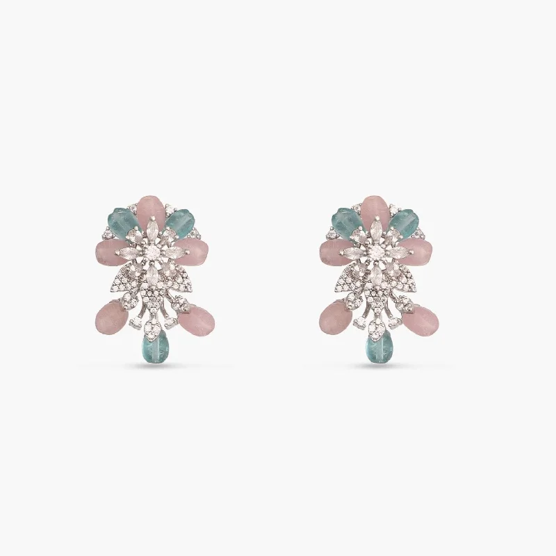 women's pearl earrings-Floral Elegance CZ Aqua Beads Stud Earrings