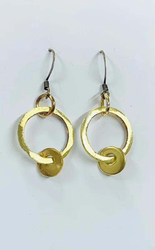 women's oval earrings-Brass hoop and disc small earrings