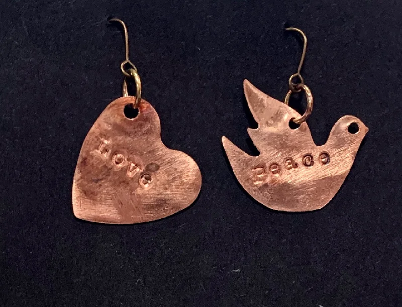 women's rose gold earrings-Peace Love Dove copper earrings