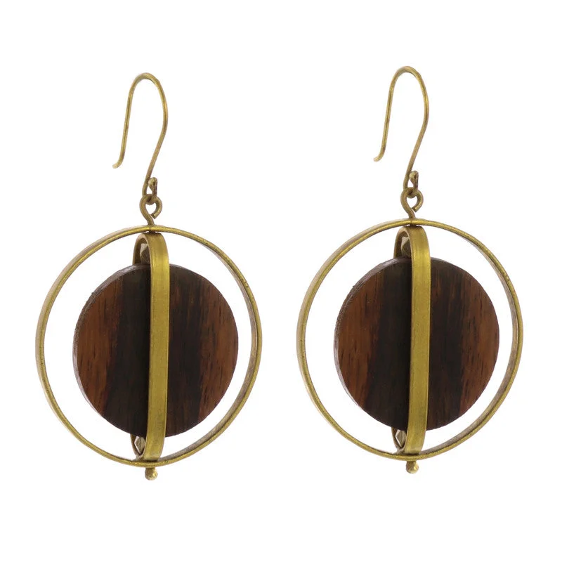 women's tassel earrings-Ocotillo Earrings, Brass & Wood Caged - Dark Wood Brass