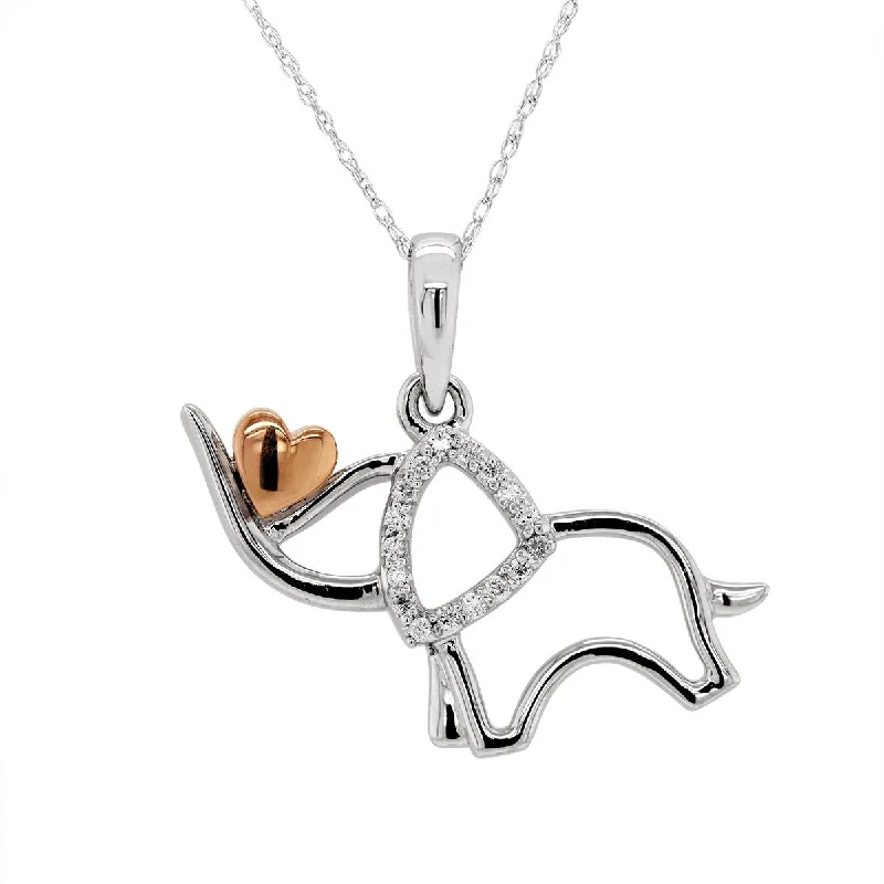 women's lab-grown diamond necklaces-TWO-TONE GOLD ELEPHANT AND HEART NECKLACE WITH DIAMONDS, 1/20 CT TW