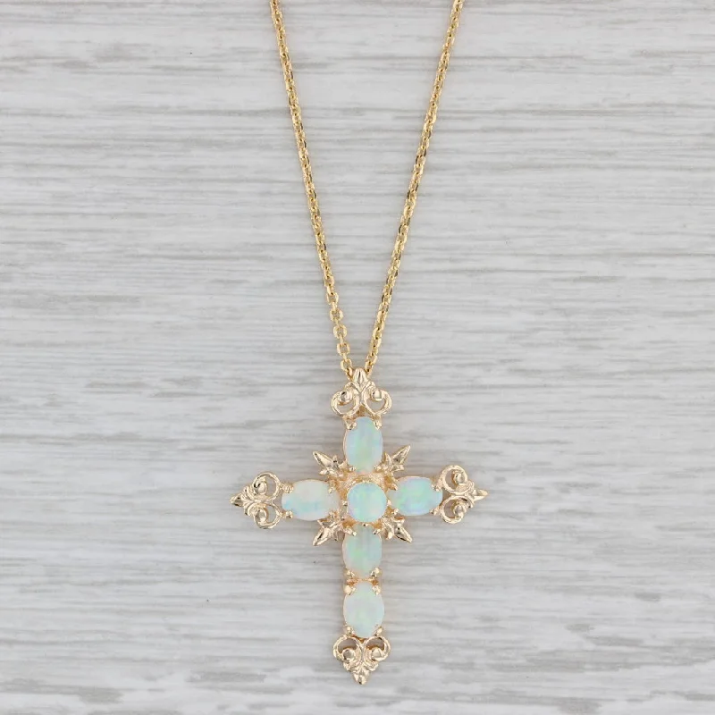 women's dainty necklaces-Ornate Opal Cross Pendant Necklace 14k Yellow Gold 24" Cable Chain