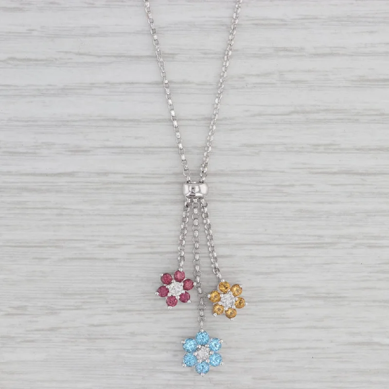 women's bold necklaces-1.90ctw Gemstone Flower Lariat Necklace 14k Gold Diamond Garnet Topaz Citrine