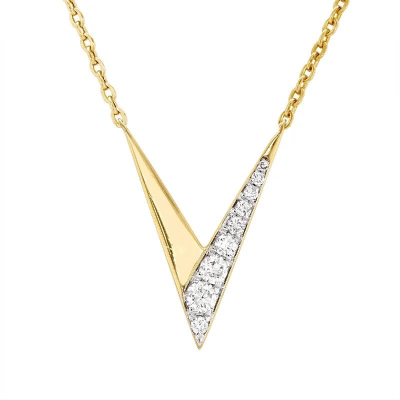 women's layered necklaces-YELLOW GOLD V-SHAPED PENDANT NECKLACE WITH DIAMONDS, .22 CT TW