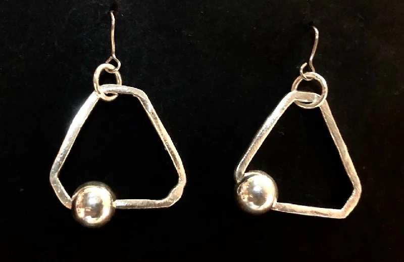 women's square earrings-Hoop and bead triangle silver earrings