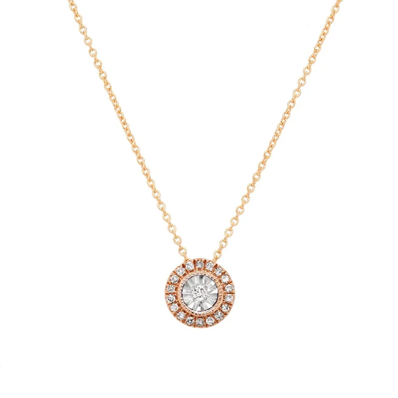 women's tribal necklaces-ROSE GOLD PENDANT NECKLACE WITH DIAMOND HALO, .06 CT TW