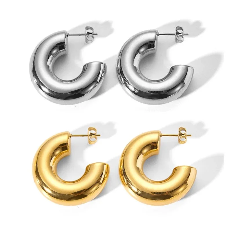 women's huggie earrings-Chunky C Hoop