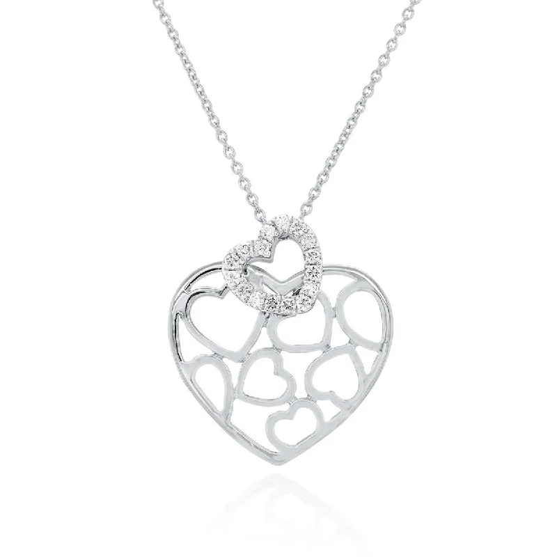 women's lightweight necklaces-WHITE GOLD HEART WITH HEART PATTERN DIAMOND NECKLACE, .11 CT TW