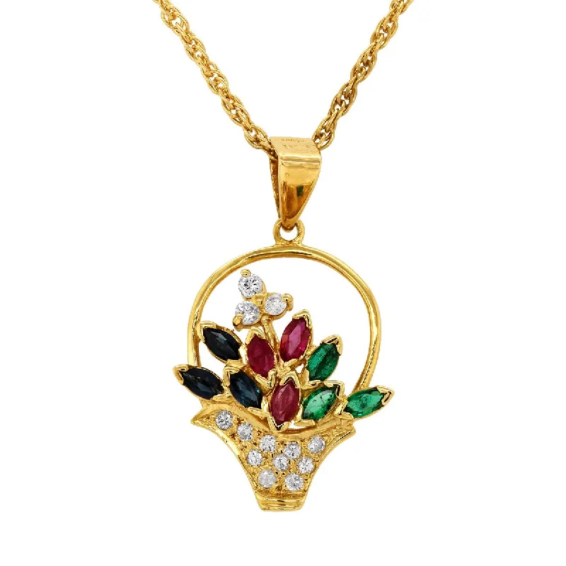 women's tree of life necklaces-YELLOW GOLD NECKLACE WITH MULTICOLORED MARQUISE GEMS AND DIAMONDS, 1/7 CT TW