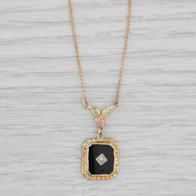 women's zodiac necklaces-Vintage Onyx Diamond Floral Pendant Necklace 10k Yellow Gold 16.5" Curb Chain