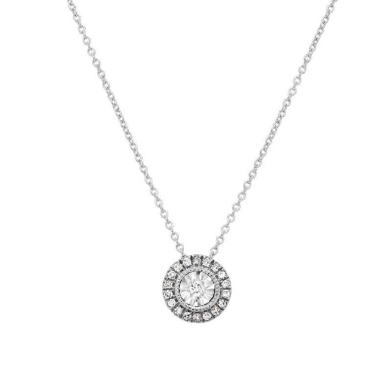 women's symbolic necklaces-WHITE GOLD DIAMOND HALO PENDANT NECKLACE, .06 CT TW