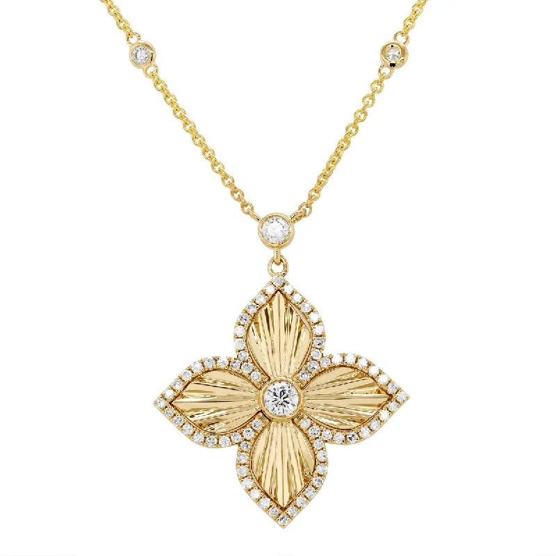 women's sea-inspired necklaces-YELLOW GOLD FLOWER SHAPED PENDANT NECKLACE WITH DIAMONDS, .31 CT TW