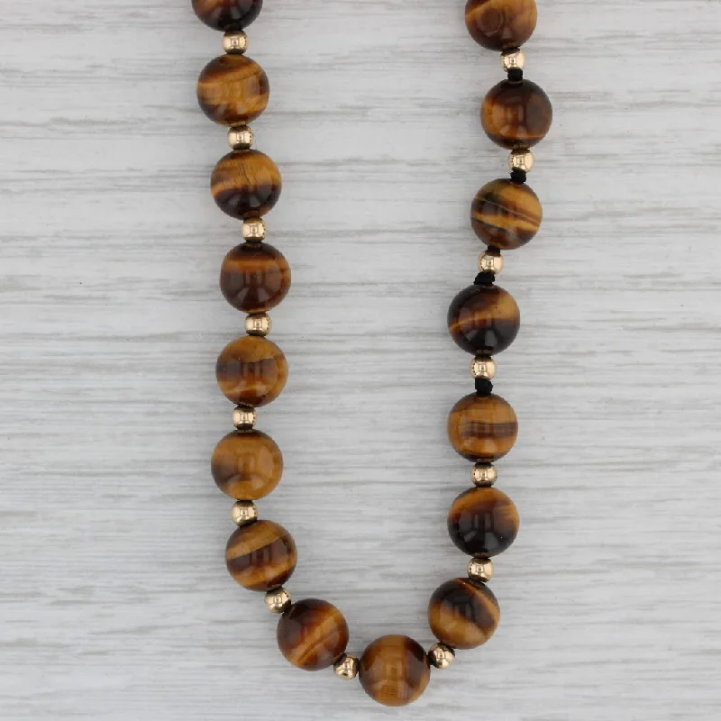 women's infinity necklaces-Vintage Tiger's Eye Bead Necklace 10k Yellow Gold Long Strand 32.5" 8mm