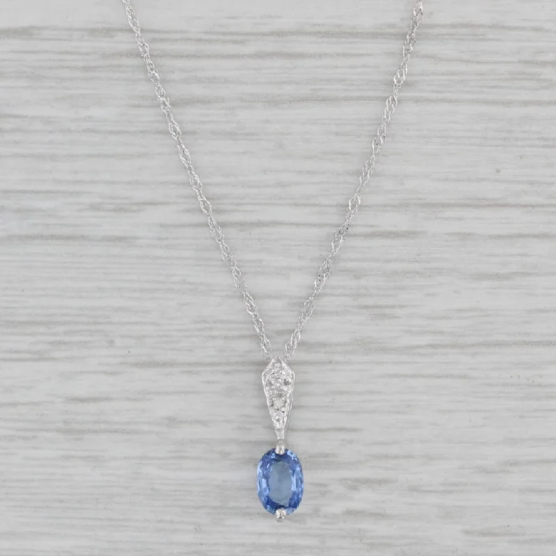 women's vintage necklaces-0.40ct Blue Sapphire Diamond Pendant Necklace 14k White Gold 18" Singapore Chain