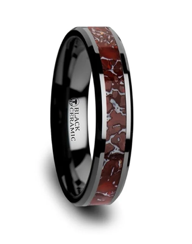 women's emerald engagement rings-Black Ceramic ‘Triassic’ 8mm Red Dinosaur Bone Inlaid Beveled Edge Wedding Band