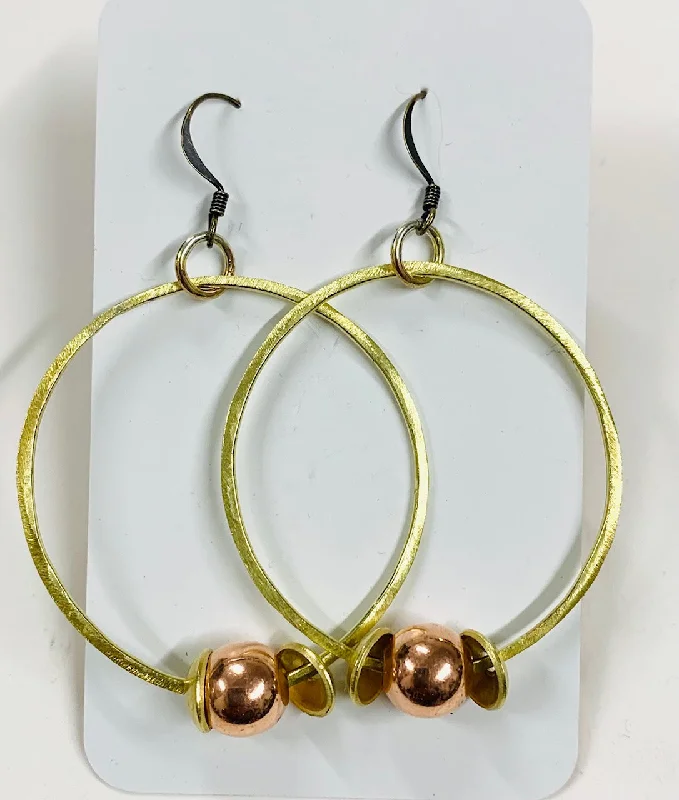 women's huggie earrings-Large brass hoop and copper bead earrings