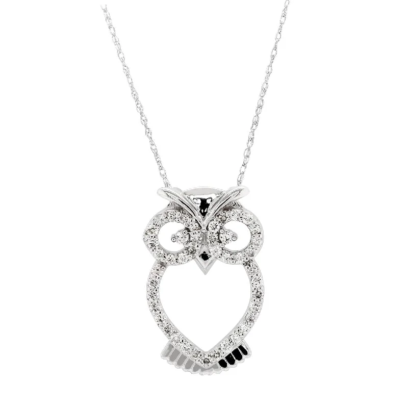 women's handcrafted necklaces-WHITE GOLD OWL PENDANT NECKLACE WITH 43 DIAMONDS, 1/4 CT TW