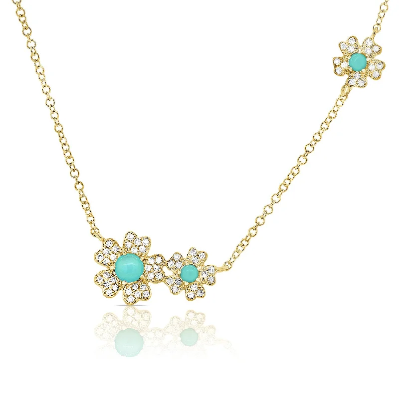 women's name necklaces-14K Yellow Gold Diamond + Turquoise Flower Necklace