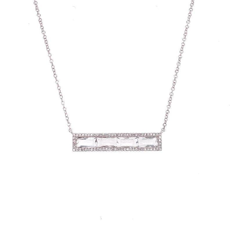 women's box chain necklaces-14K White Gold Diamond + White Topaz Baguette Necklace