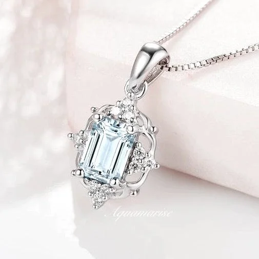 women's two-tone necklaces-Claire Vintage Emerald Cut Natural Aquamarine Necklace- Sterling Silver