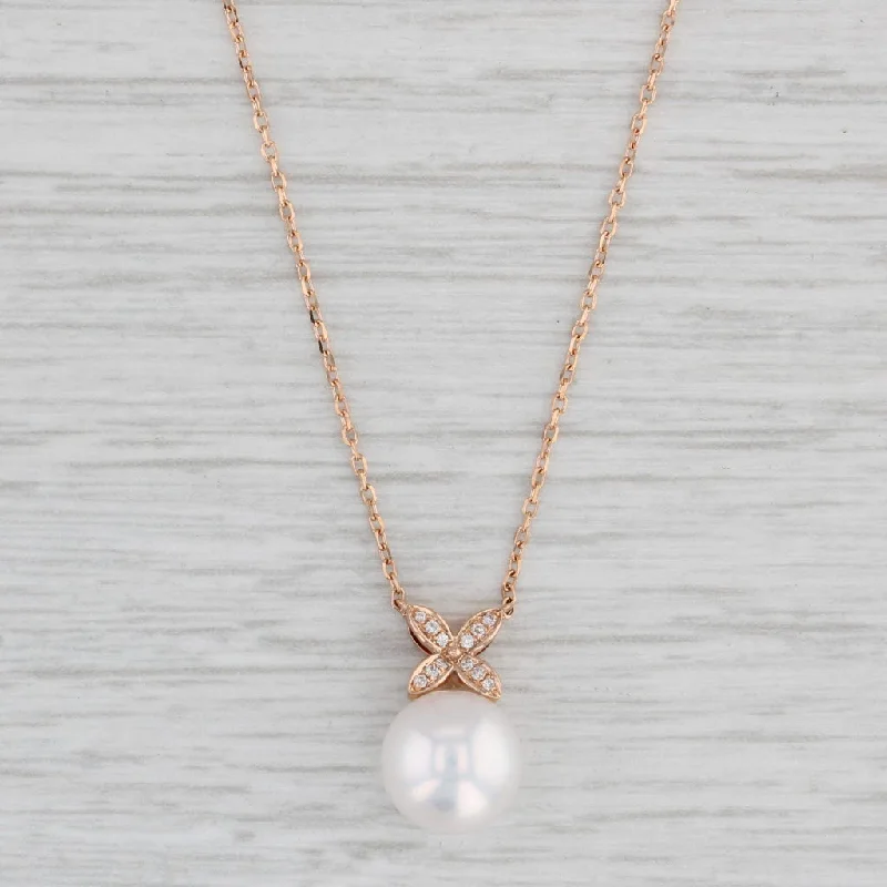 women's chic necklaces-Cultured Pearl Diamond Pendant Necklace 18k Rose Gold 16" - 18" Cable Chain