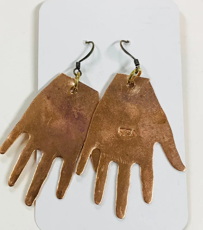 women's gemstone earrings-Large hand earrings copper