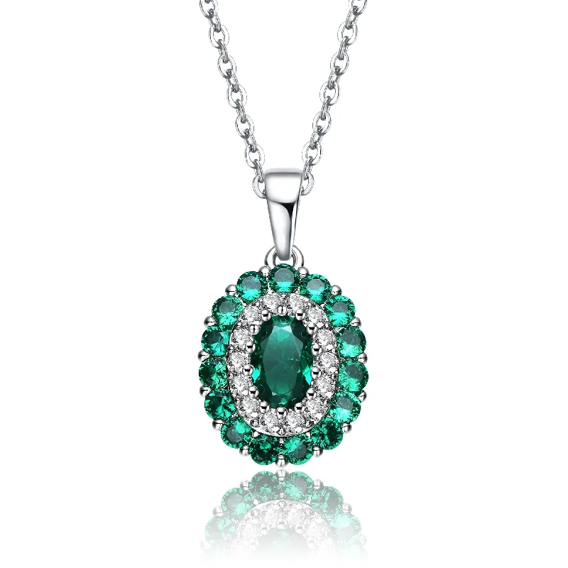 women's minimalist necklaces-.925 Sterling Silver With Rhodium Plated And Emerald Cubic Zirconia Long Lasting Oval Pendant Necklace