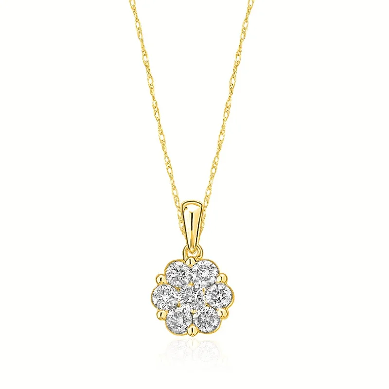 women's minimalist necklaces-YELLOW GOLD CLUSTER DIAMOND PENDANT NECKLACE, 1/2 CT TW