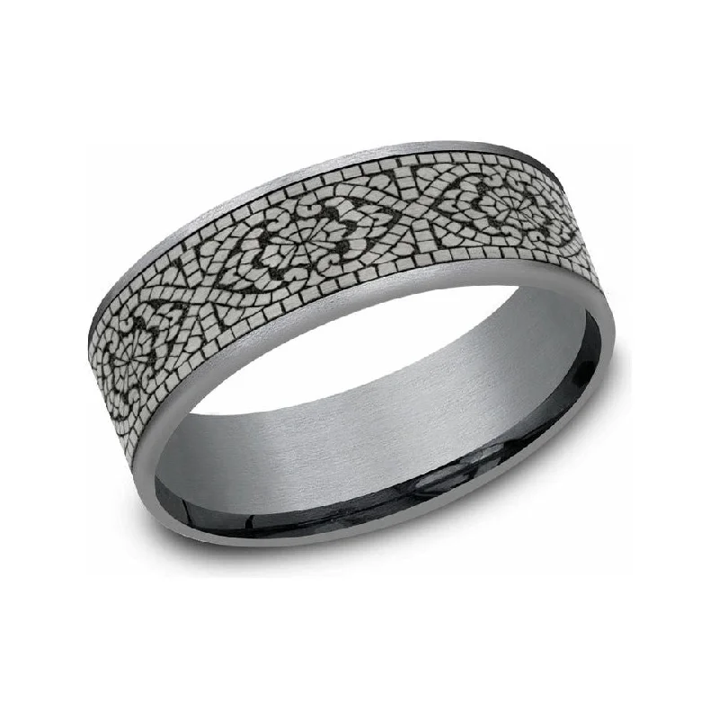 women's antique engagement rings-Benchmark 7.5mm Mosaic Pattern Tantalum Wedding Band