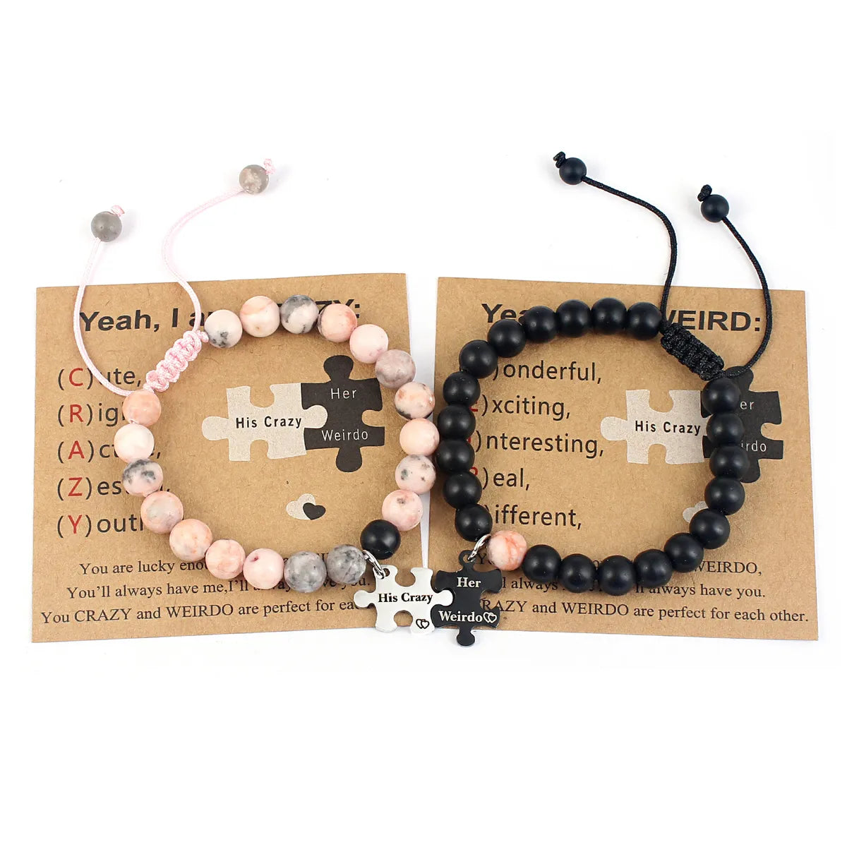 Black Matte Powder Agate Couple Bracelets Pair plus Card