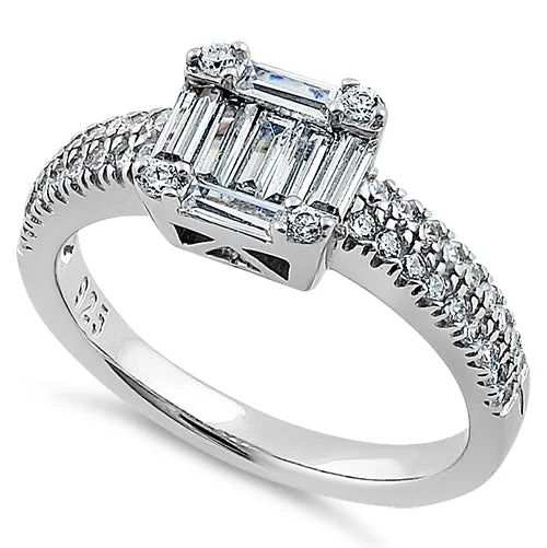 women's star engagement rings-Sterling Silver Baguette Straight & Round Cut Clear CZ Engagement Ring