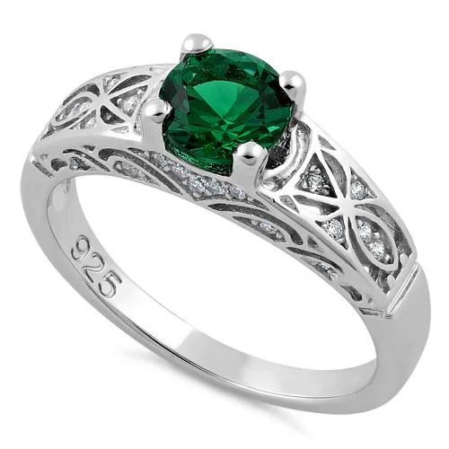 women's rose gold engagement rings-Sterling Silver Emerald Round Cut Engagement CZ Ring