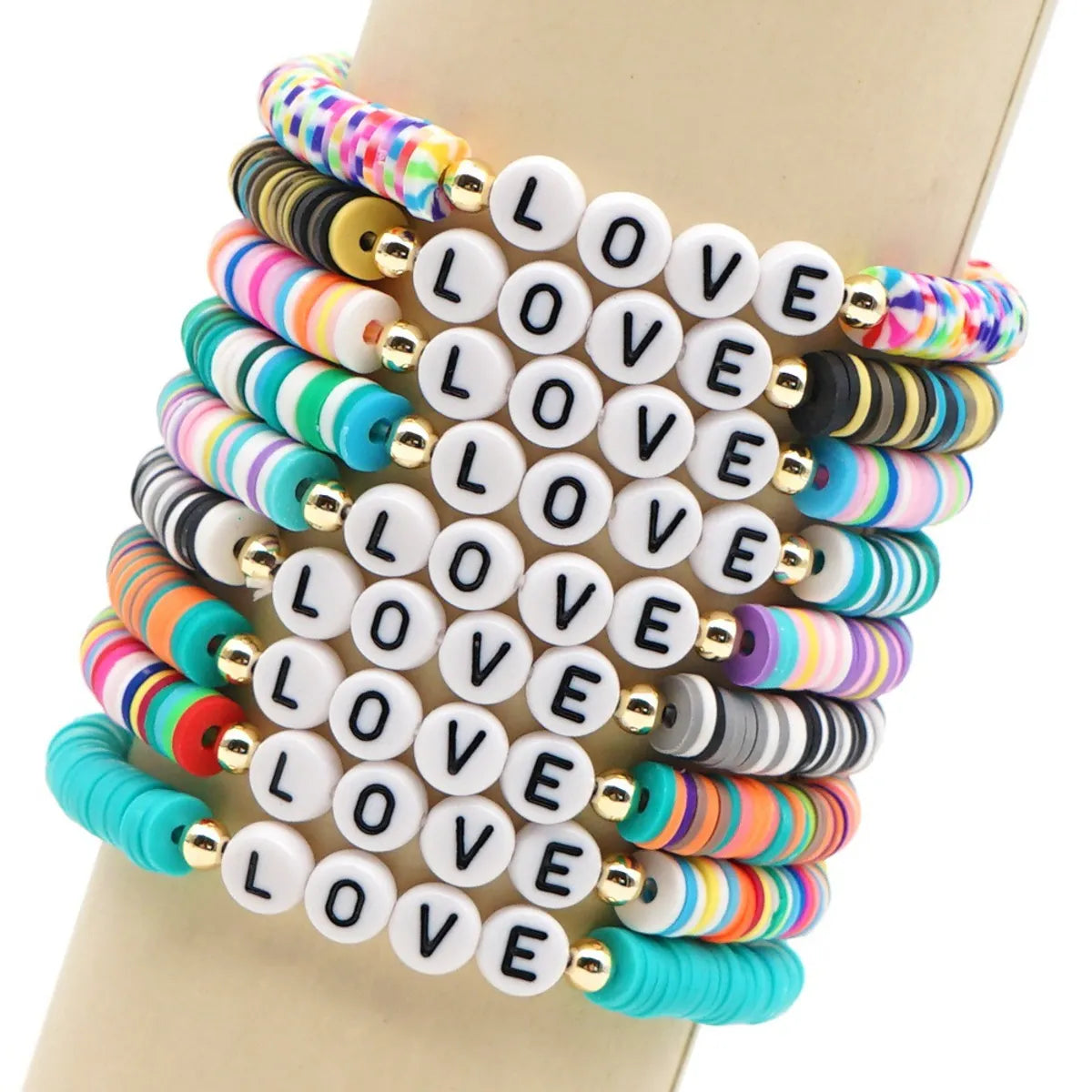 women's elegant bangles-Bohemian Style 6mm Soft Pottery Bracelet Acrylic Word Love Letter Beads Gold Bead Bracelet