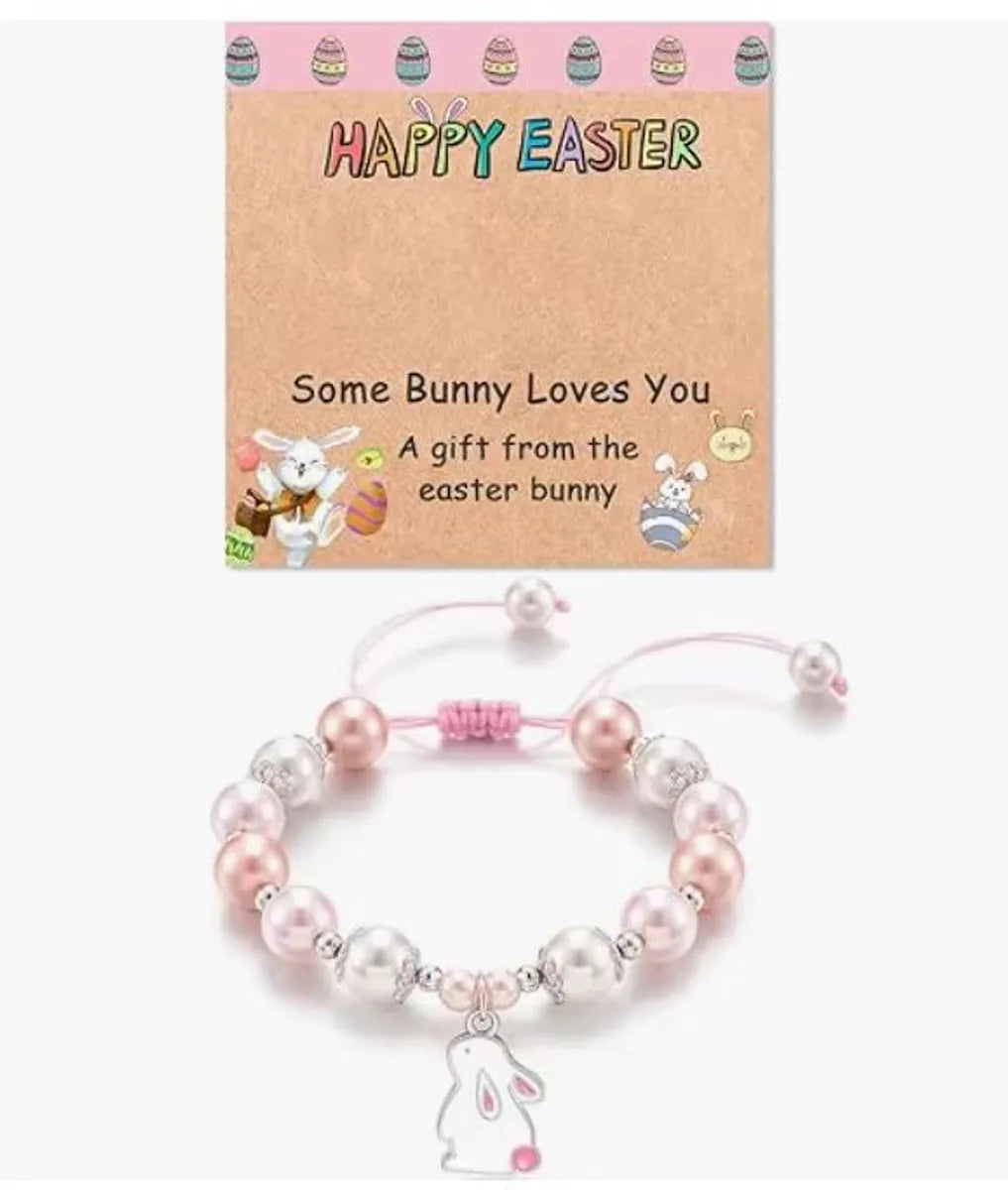 Pink Beads White Pearl Little Bunny Pendant Happy Card