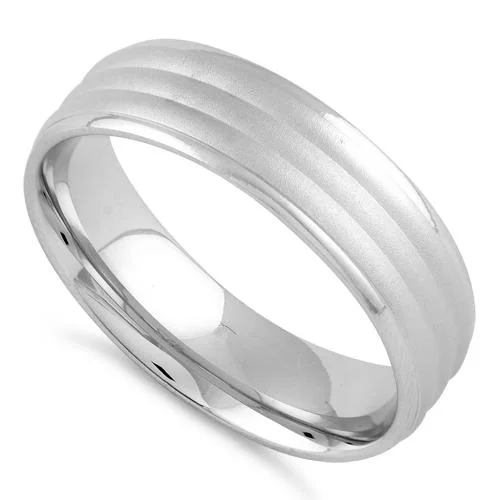 women's bezel-set engagement rings-Sterling Silver Triple Layer Brushed Wedding Band Ring