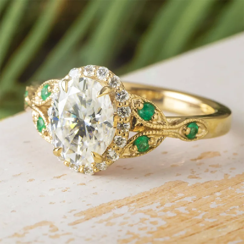 women's eco-friendly rings-Yellow Gold Halo Engagement Ring with Emerald Accents