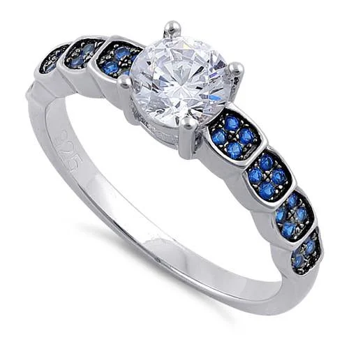 women's zodiac engagement rings-Sterling Silver Engagement Round Cut Blue CZ Ring